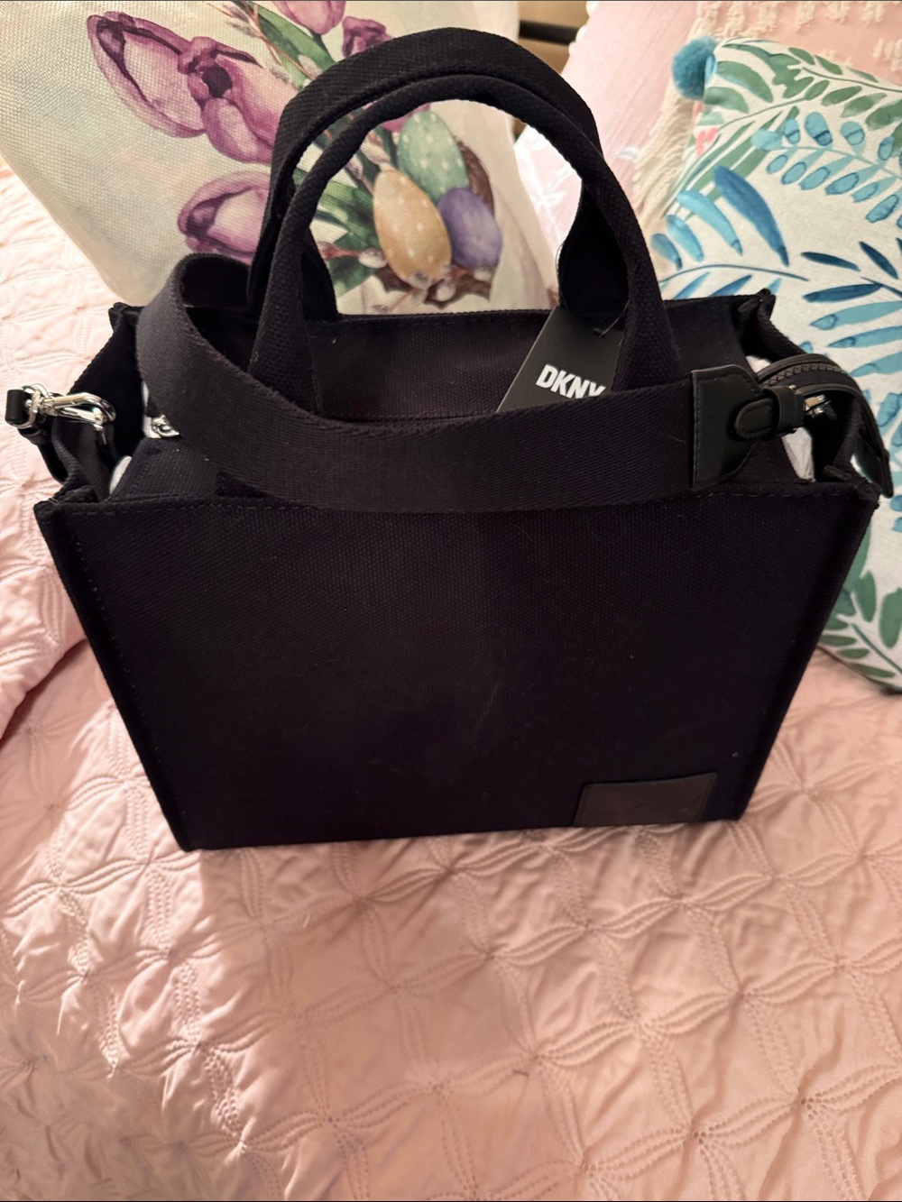 DKNY Black Canvas Tote with Top Handles and Detachable Strap